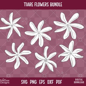 Könnte beinhalten: Ein Satz mit sechs weißen Tiare-Blumenillustrationen. Die Blumen sind stilisiert und haben jeweils fünf Blütenblätter. Die Blumen sind symmetrisch angeordnet.