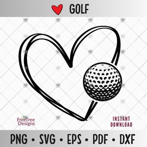 May include: Black and white graphic design of a golf ball inside a heart shape. The text "GOLF" is above the heart.