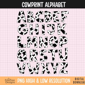 Cow Print Alphabet PNG: Doodle Letters, Sublimation Design (Digital Download)