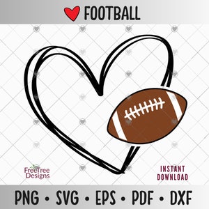 May include: A black and white illustration of a heart with a brown football inside. The text "FOOTBALL" is above the heart.