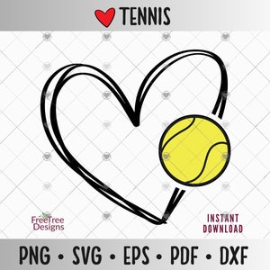 May include: A black and white illustration of a heart with a yellow tennis ball inside. The text "TENNIS" is above the heart.