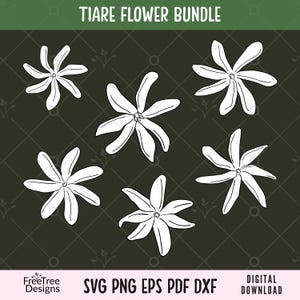Puede incluir: Un archivo gráfico digital titulado TIARE FLOWER BUNDLE que presenta cinco ilustraciones de líneas blancas de flores de tiaré sobre un fondo oscuro. El texto inferior enumera los formatos SVG, PNG, EPS, PDF, DXF y DIGITAL DOWNLOAD.