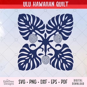 May include: A dark blue digital graphic design featuring a symmetrical Ulu Hawaiian quilt pattern with four large monstera-style leaves and three textured circular fruit elements. The text ULU HAWAIIAN QUILT appears at the top, with file formats listed below.