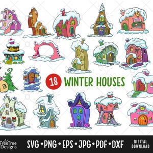 Christmas Village Winter Houses SVG Decorations Set, New Year Clipart, Winter Buildings Bundle PNG, Xmas House Designs, Cartoon Vector Home