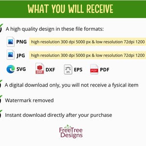 May include: A checklist of what is included with a digital download purchase. The checklist includes a high-quality design in PNG, JPG, SVG, DXF, EPS, and PDF formats. The design is available in high resolution (300 dpi, 5000 pixels) and low resolution (72 dpi, 1200 pixels). The checklist also states that the download is digital only, the watermark is removed, and the download is instant.
