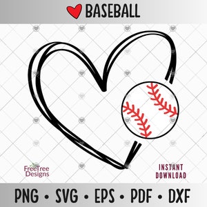 Puede incluir: Un contorno negro de un corazón con una pelota de béisbol roja en su interior. El texto "BASEBALL" está por encima del corazón.