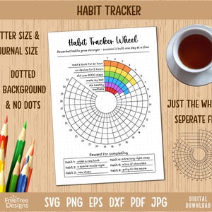 Puede incluir: Una rueda de seguimiento de hábitos imprimible con un diseño de arcoíris. La rueda está dividida en 30 secciones, cada una con un número del 1 al 30. La rueda está rodeada de una lista de hábitos y recompensas por completarlos. El texto "Habit Tracker Wheel" está en la parte superior de la página.