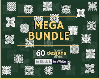 May include: A digital collection of 60 Hawaiian quilt block designs in black and white. The graphic features the text "HAWAIIAN QUILT BLOCKS MEGA BUNDLE 60 designs in Black & in White" with file formats SVG, PNG, DXF, EPS, and PDF listed at the bottom.