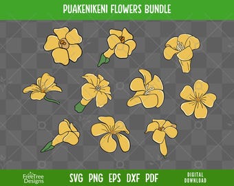 Może przedstawiać: Cyfrowy pakiet do pobrania żółtych kwiatów Puakenikeni z zielonymi łodygami, obrysowanymi na czarno. Obraz zawiera tekst "PUAKENIKENI FLOWERS BUNDLE" na górze i "SVG PNG EPS DXF PDF DIGITAL DOWNLOAD" na dole. Kwiaty są w różnych pozach.