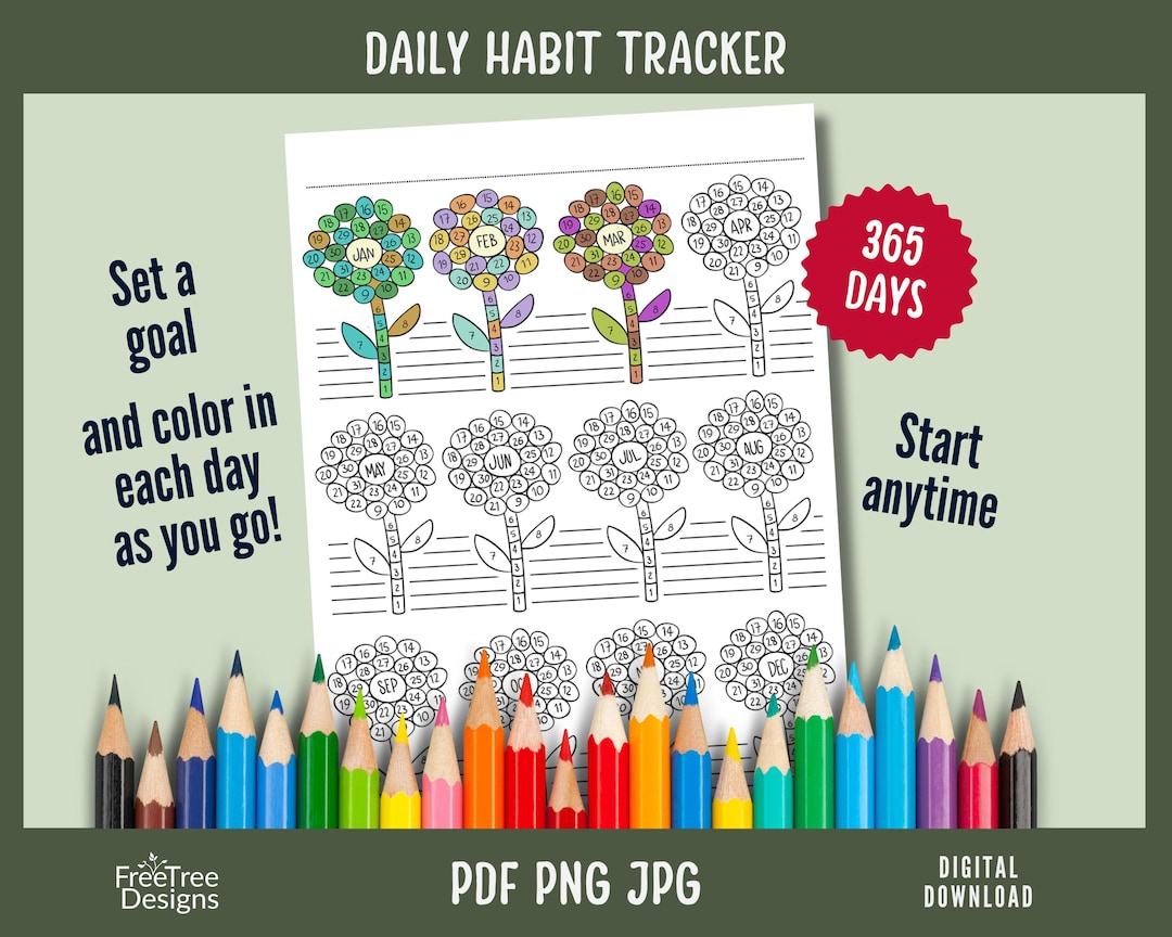 Coloring Habit Tracker Flower Doodle, 365 Day Printable for Daily ...