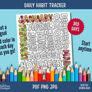 Habit Tracker Doodle zum Ausmalen, 365 Tage zum Ausdrucken (PDF, PNG, JPG)