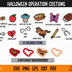 Puede incluir: Un gráfico digital con temática de Halloween con el texto "HALLOWEEN OPERATION COSTUME". Presenta 12 elementos coloreados y 4 fondos diferentes, incluyendo ilustraciones de una manzana, un corazón roto y un caballo. También incluye el texto "SVG PNG EPS DXF PDF DIGITAL DOWNLOAD".