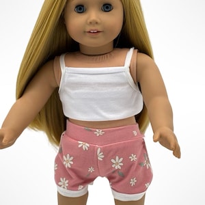 Two Piece White Crop Top Tank and Daisy Sport Shorts Set for Popular 18 inch Dolls