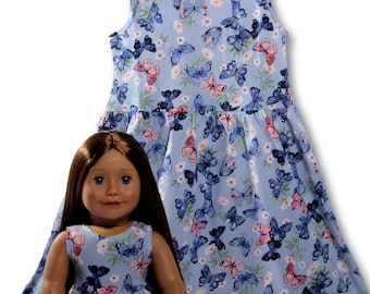 Matching Girl and Doll Blue Summer Sleeveless Dresses Made to fit 18 inch dolls