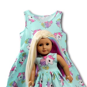 Matching Unicorn Girl and Doll Dresses made to fit 18 inch dolls