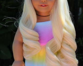 Curly Blond Replacement Doll Wig or Pastel Rainbow Sundress Made for Popular 18 inch dolls