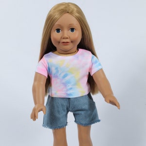 Tie Dye T-shirt and Frayed Cut-off Jean Shorts Set Made to fit American Girl Doll and other 18 inch dolls