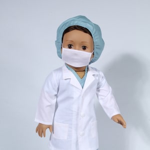 Six Piece Doctor Surgeon Set with Mask, Lab Coat, Scrubs, Booties and Hat for Popular 18 inch dolls