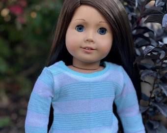 Fitted aqua and white striped sweater made to fit popular 18 inch dolls