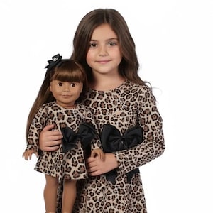 Matching Girl and Doll Leopard Cheetah Print Long Sleeve Skater Dress fits 18 inch dolls