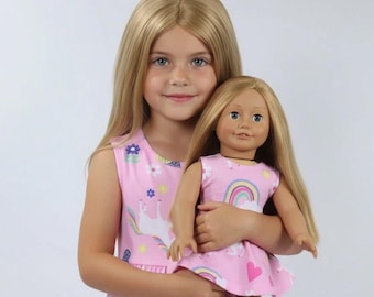 Matching Girl and Doll Pink Unicorn Summer Skater Dresses Made to fit Popular 18 inch dolls
