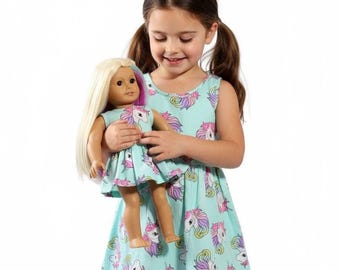 Matching Unicorn Girl and Doll Dresses made to fit 18 inch dolls