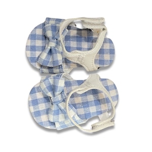 Adorable Blue And White Checkered Sandles With Cute Fluffy Bow For 18-Inch Dolls.