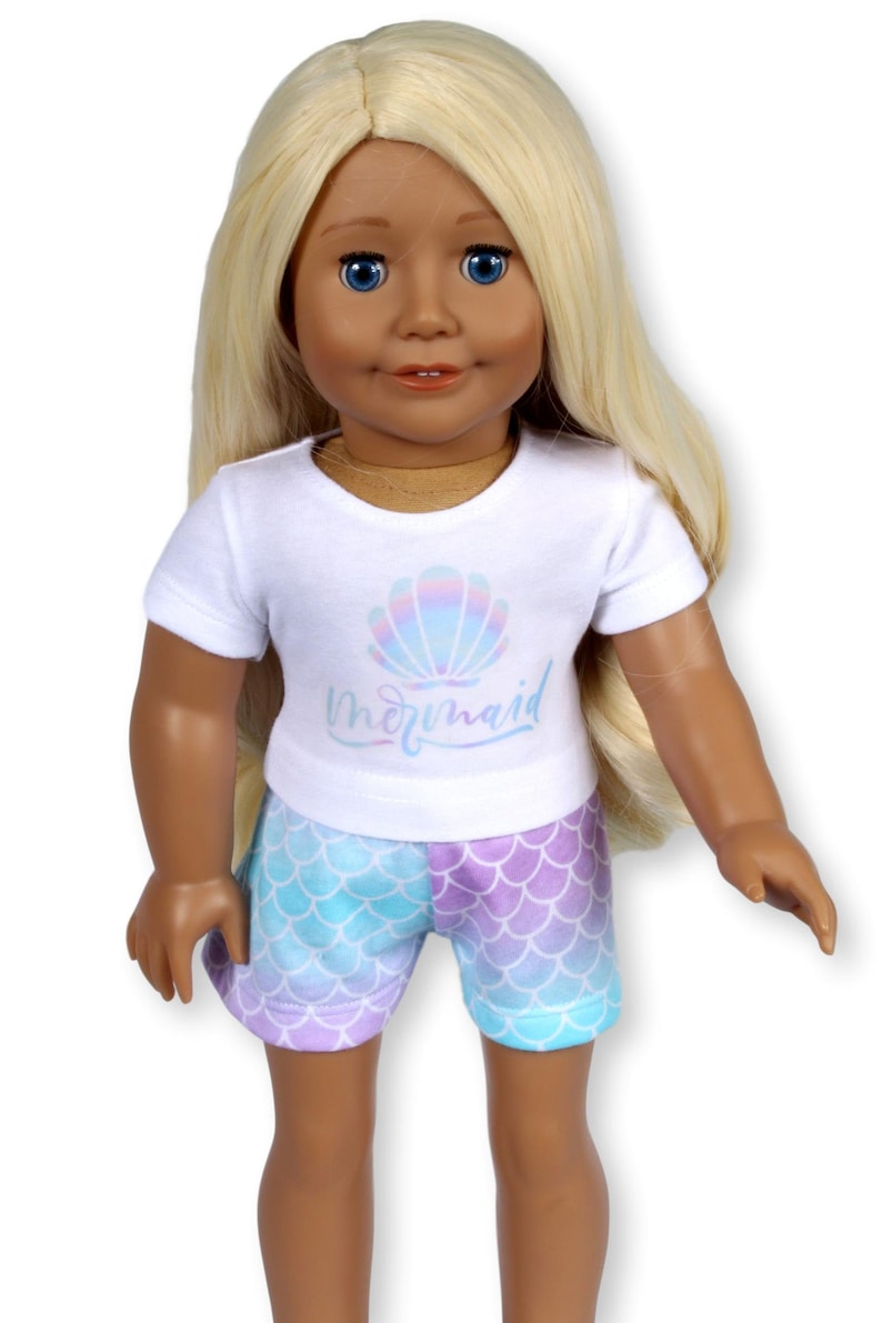 Pastel Mermaid Graphic t-shirt and matching shorts for 18 inch dolls 