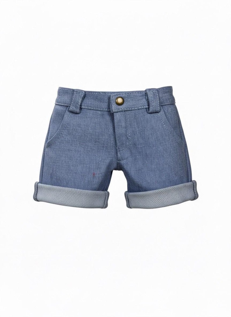 May include: Light blue denim shorts with a rolled hem. The shorts have a button closure and belt loops. The pockets are visible on the front. A classic style for casual wear.