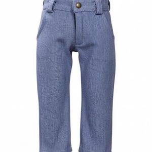May include: Blue denim-style pants with a button closure and belt loops. The pants have two front pockets and a straight leg design. The fabric has a subtle textured appearance. The pants are designed for children.