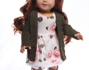 Dark Olive Heather Fold-down Lapel Cardigan Made to Fit 18 inch dolls