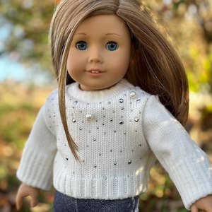 Rhinestone  and Pearl embellished White sweater Made to fit popular 18