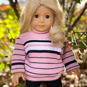 Stretchy turtleneck Oversized pink Striped sweater made to fit popular 18 inch dolls
