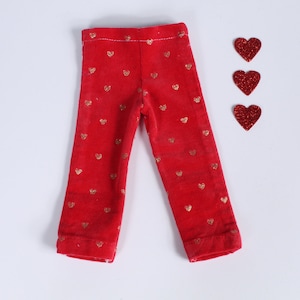 Leggings de pana elástica roja con corazones dorados para muñecas populares de 18 pulgadas