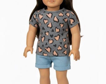 Trendy T-shirt with Heart Leopard Print for American Girl Doll and other 18 inch dolls