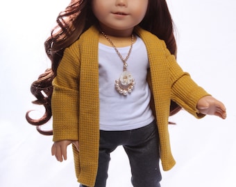 Mustard Colored Fold-down Lapel Cardigan Made to fit Girl Dolls and other 18 inch dolls
