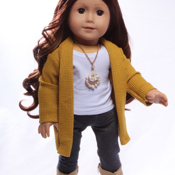 Mustard Colored Fold-down Lapel Cardigan Made to fit Girl Dolls and other 18 inch dolls