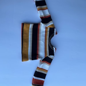 May include: A long-sleeved striped shirt with brown, black, white, and red stripes. The shirt has a round neckline.