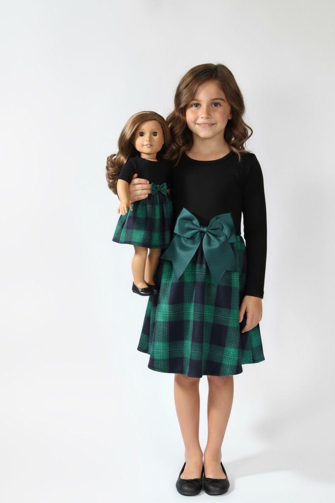 Jolie robe fille avec robe de poupée, motif de Noël - bleu foncé