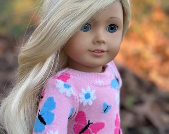 Textured pink floral and butterfly fitted sweater made to fit popular 18 Inch dolls