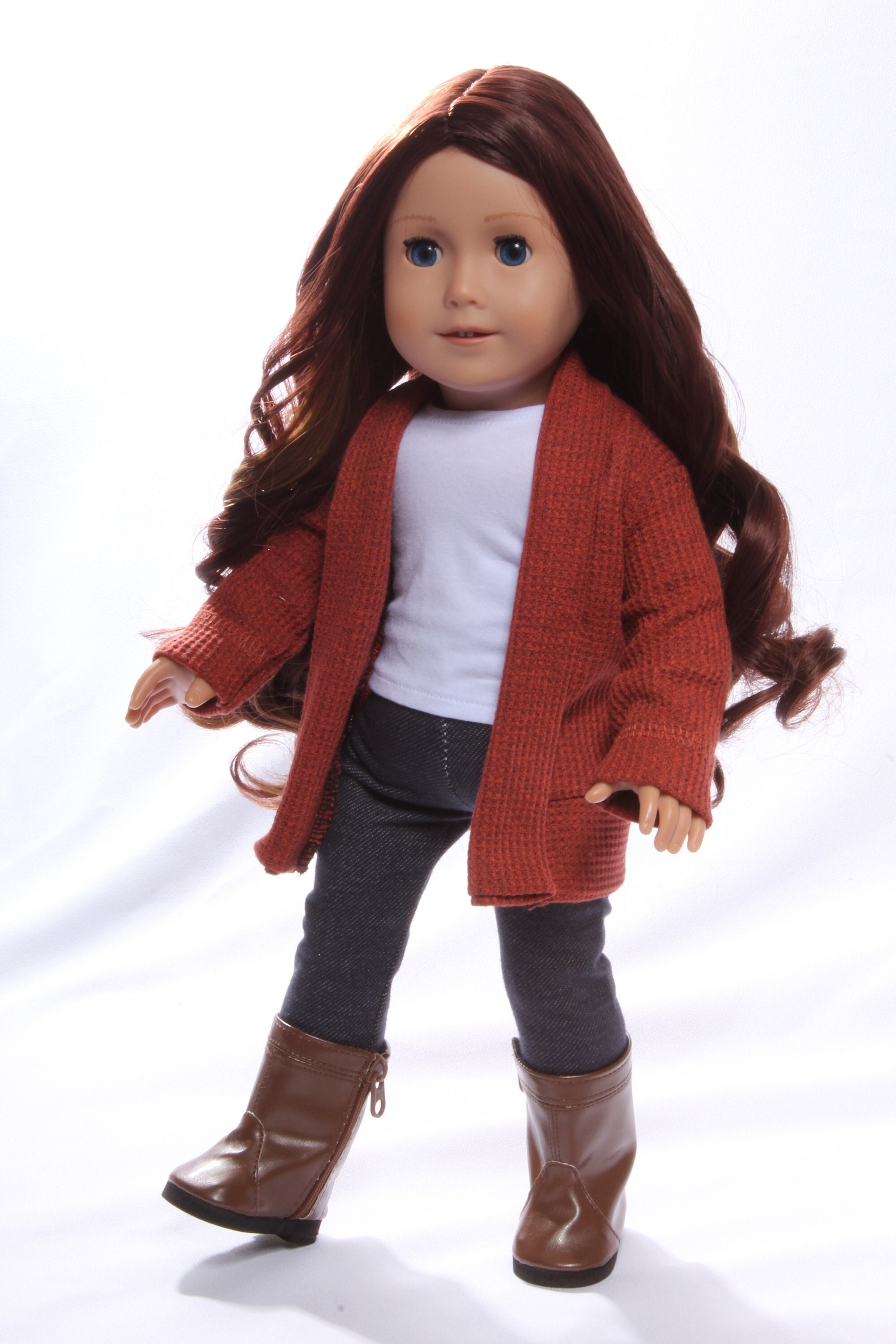 Fold-down Lapel Rust Colored Cardigan Made to fit 18 inch dolls