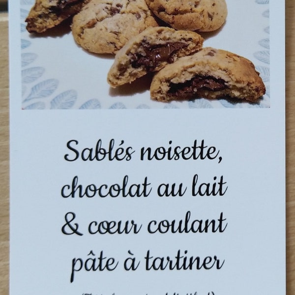 Fiche / Carte recette de cookies sablés noisette, chocolat au lait, coeur coulant pâte à tartiner