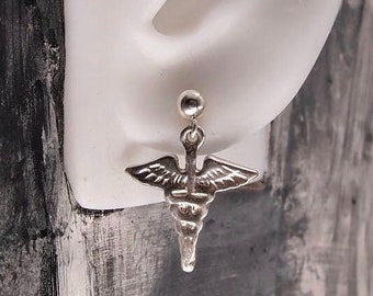 Handmade Sterling silver Caduceus  stud dangling earring, gift for a medical professional, doctors, nurses, healthcare professionals