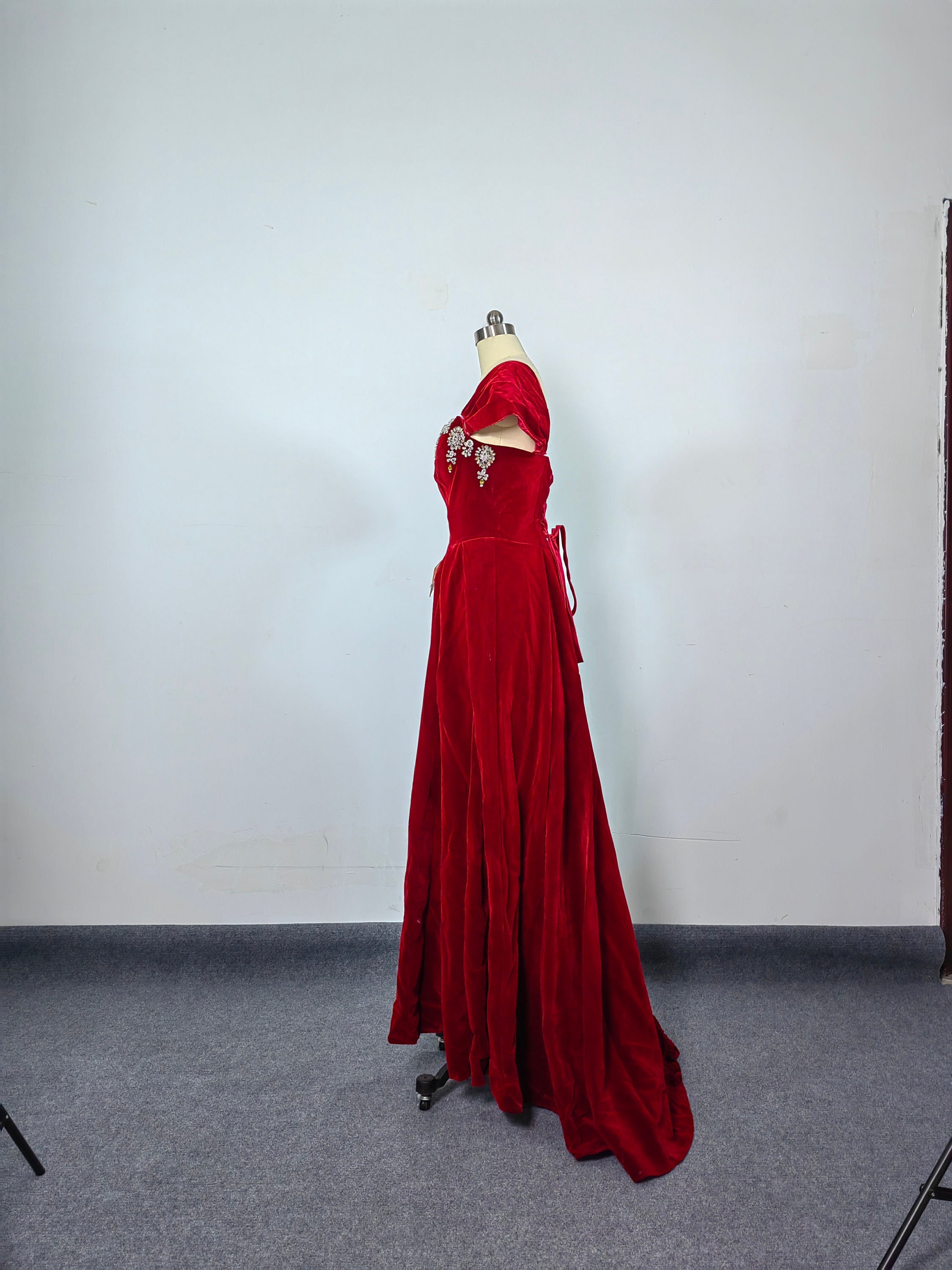 Red Cap Sleeves Velvet Long Evening Dress A Line Open Back Red Cap Sleeves Velvet Long Evening Dress A Line Open Back