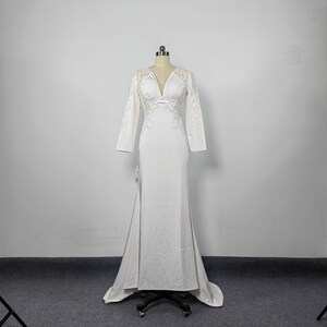 Sexy V Neck Wedding Bridal Dress Long Mermaid Evening Dress Appliques Long Sleeves Satin Prom Formal Party Bridesmaid Dress Cocktail Dress