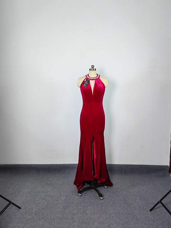 open lace back dress Burgundy Velvet Floor-Length Prom Dress Halter Neck – loveangeldress main image 1