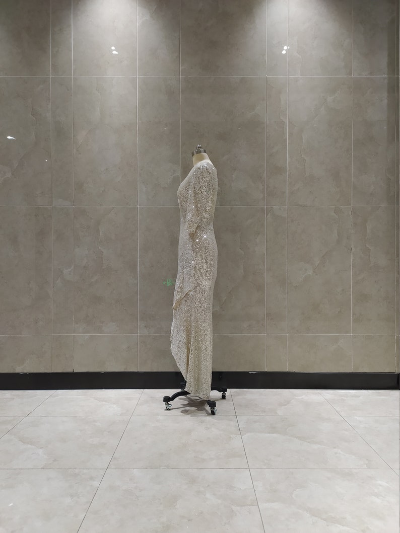 Sliver Mermaid Long Formal Evening Dress V Neck Half Sleeves Prom Dress