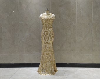 gold prom dress open back Hot Yellow Halter Open Back Beads Side Slit Ball Gown Prom Dress main image 1