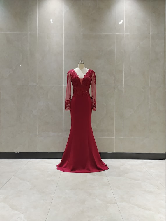 Red Mermaid Evening Dress, Long Sleeve V Neck Prom Gown, Formal Party Homecoming  Dress