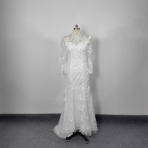 White Fashion Lace Mermaid Wedding Dress High Neck Open Back Bridal Dress Long Sleeves Lace Evening Dress Long Prom Formal Party Dress Gown